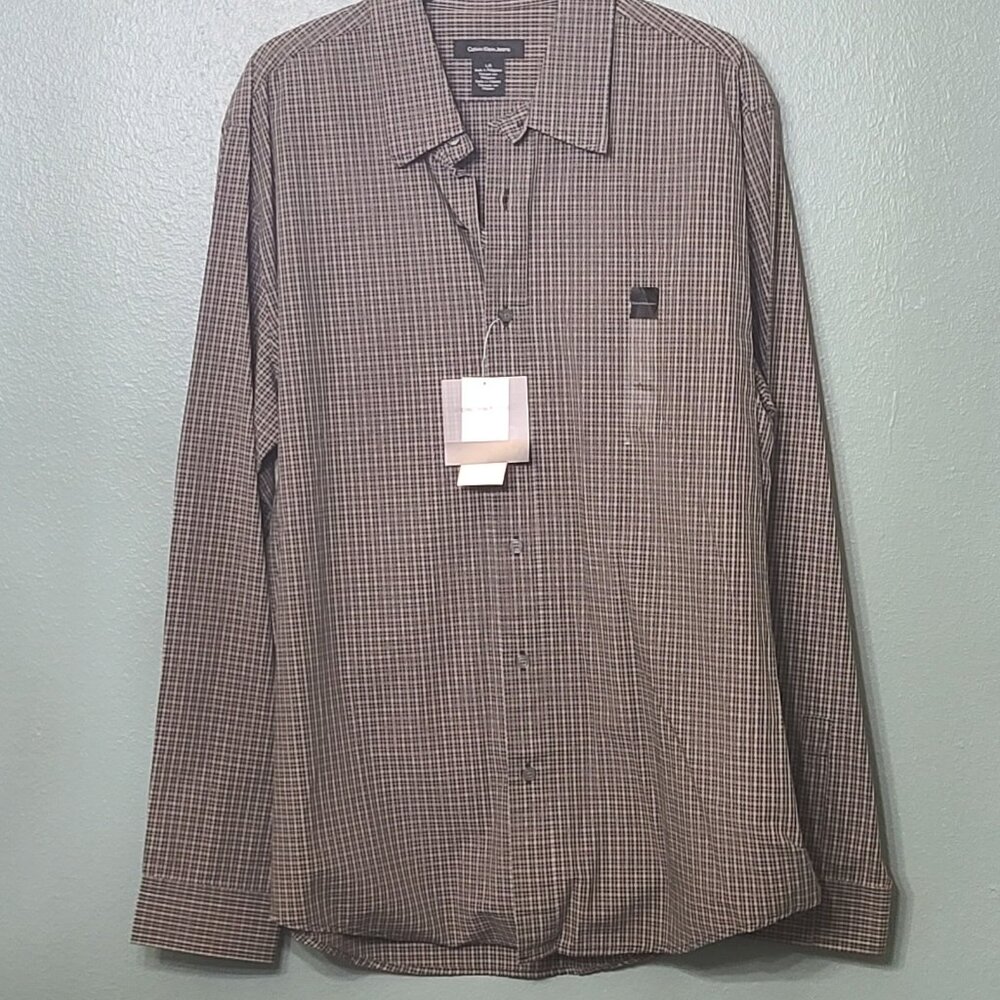 Calvin Klein Jeans Mens Button-Up Shirt Gray Plaid Long Sleeve L NWT
